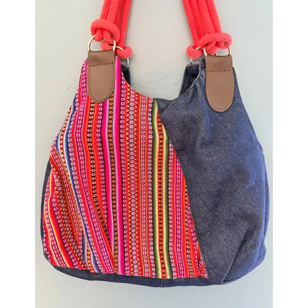 Handmade Peruvian Andean Textile Denim Hobo Bag Bright Woven Stripe Rope Handle